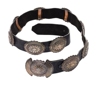 Native American R. Lee Sterling Silver and Leather Belt