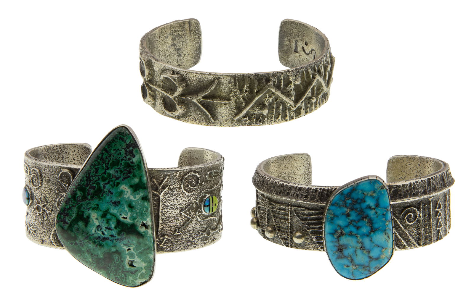 Native American Stewart Billie Sterling Silver Cuff Bracelets: Native American Stewart Billie Sterling Silver Cuff Bracelets (3) items including one having a 32 x 50mm green turquoise with opal stone designs on the sides, one having a 35 x 20mm blue turquoise and