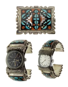 Native American W. & V. Quan Sterling Silver Cuff Watches and Belt Buckles