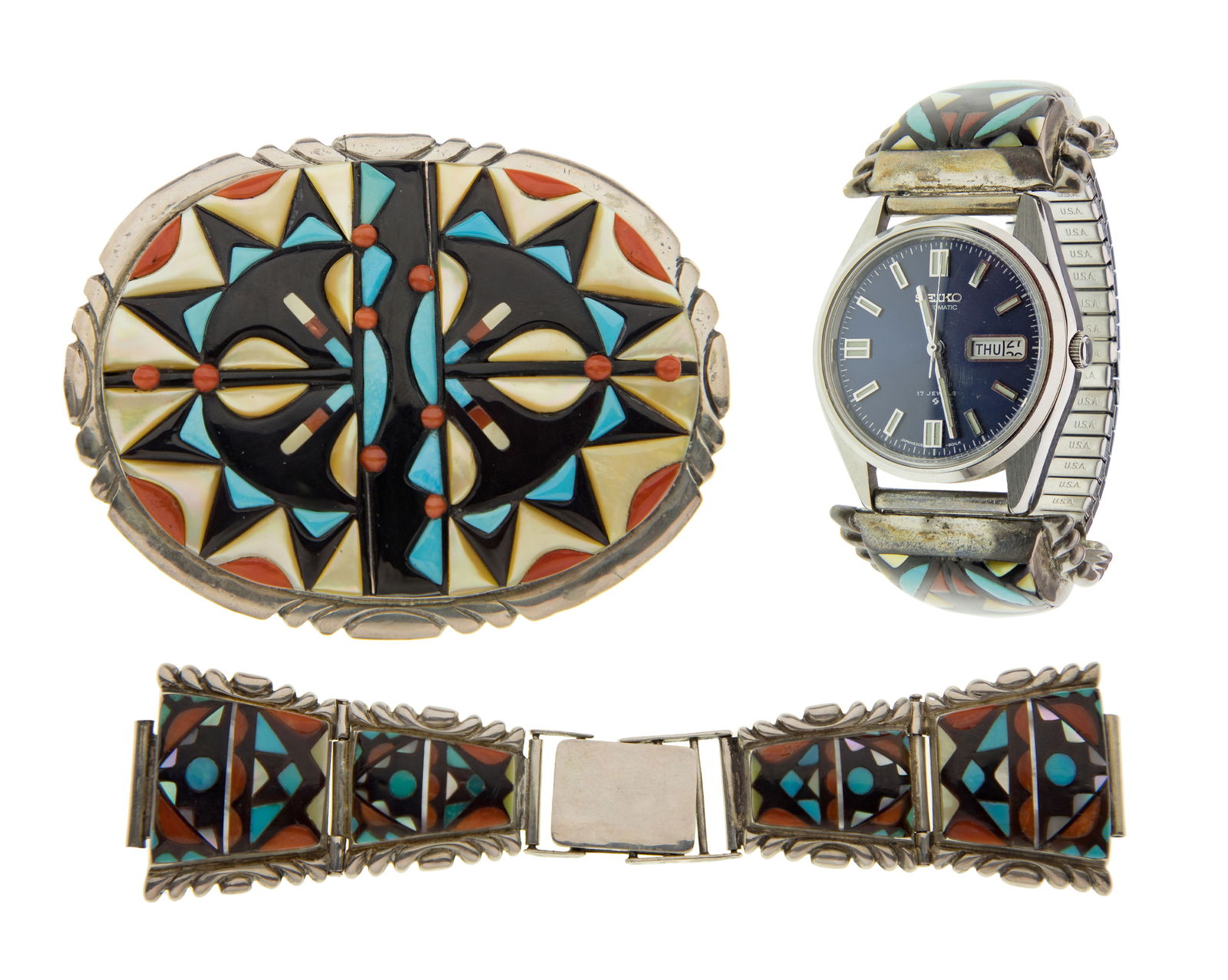 Native American W. & V. Quam Sterling Silver Wristwatch, Watch Band and Belt Buckle (1 of 3)