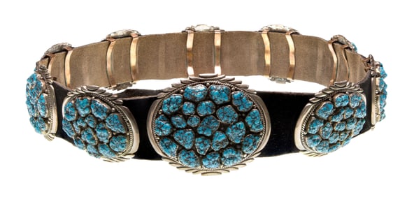 Native American Sterling Silver and Turquoise Leather Belt