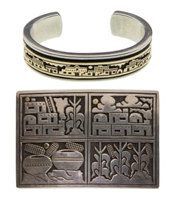 14k Yellow Gold and Sterling Silver Cuff Bracelet and Belt Buckle