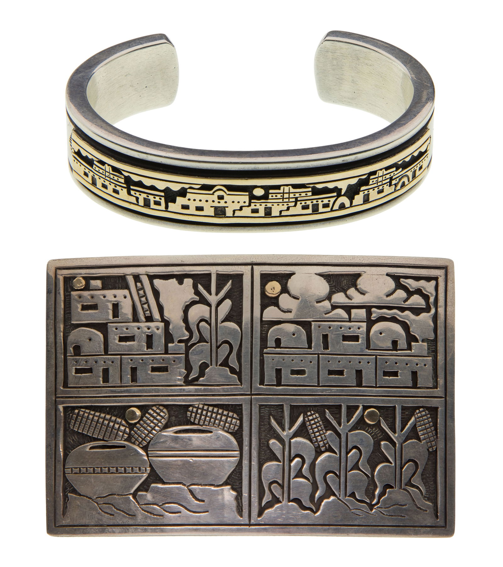 14k Yellow Gold and Sterling Silver Cuff Bracelet and Belt Buckle (1 of 3)