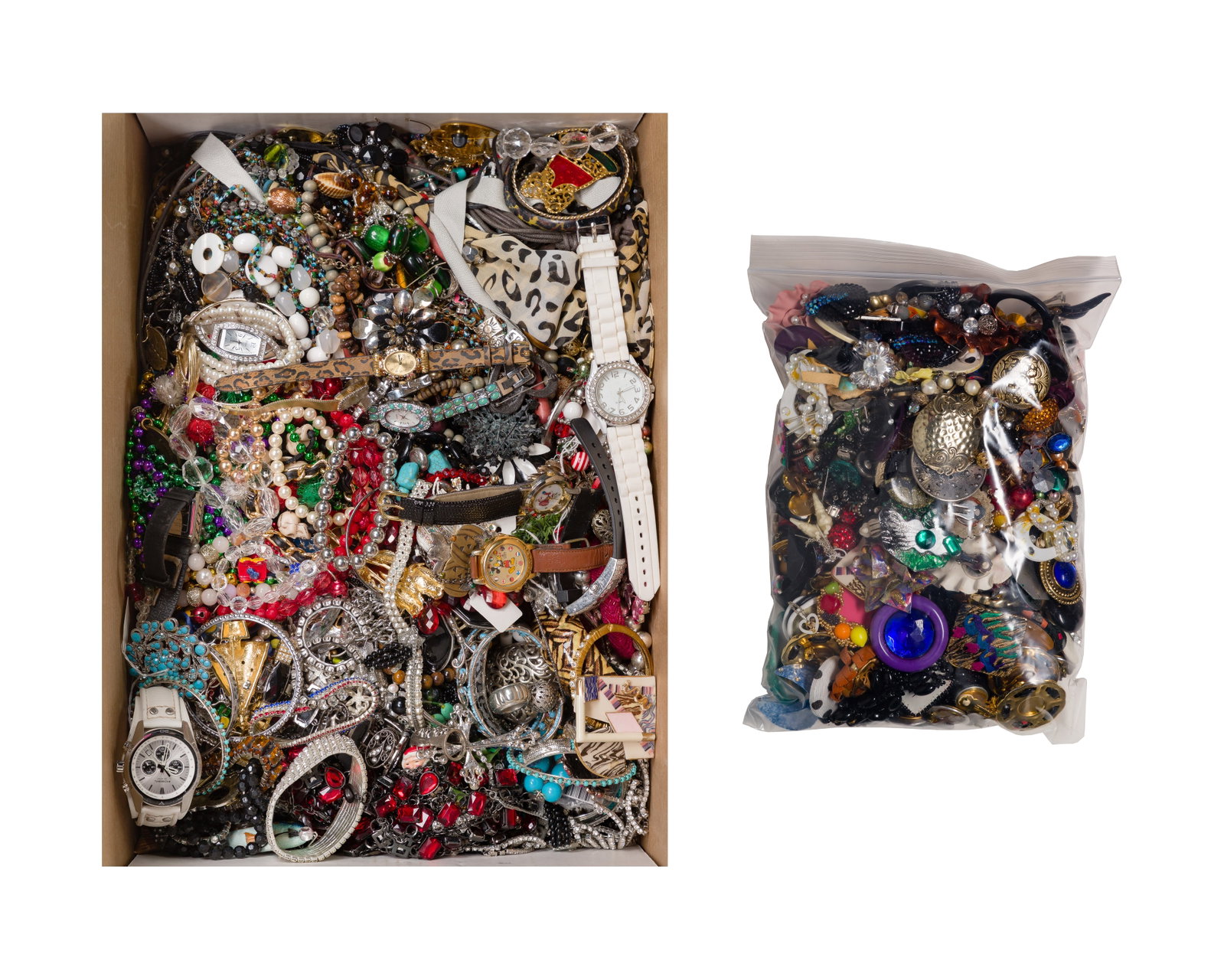 Costume Jewelry and Wristwatch Assortment: Costume Jewelry and Wristwatch Assortment Approximately (28) pounds of necklaces, bracelets, pins, watches and earrings Property from: an Estate, South Barrington, Illinois Length: 26 inches (necklace