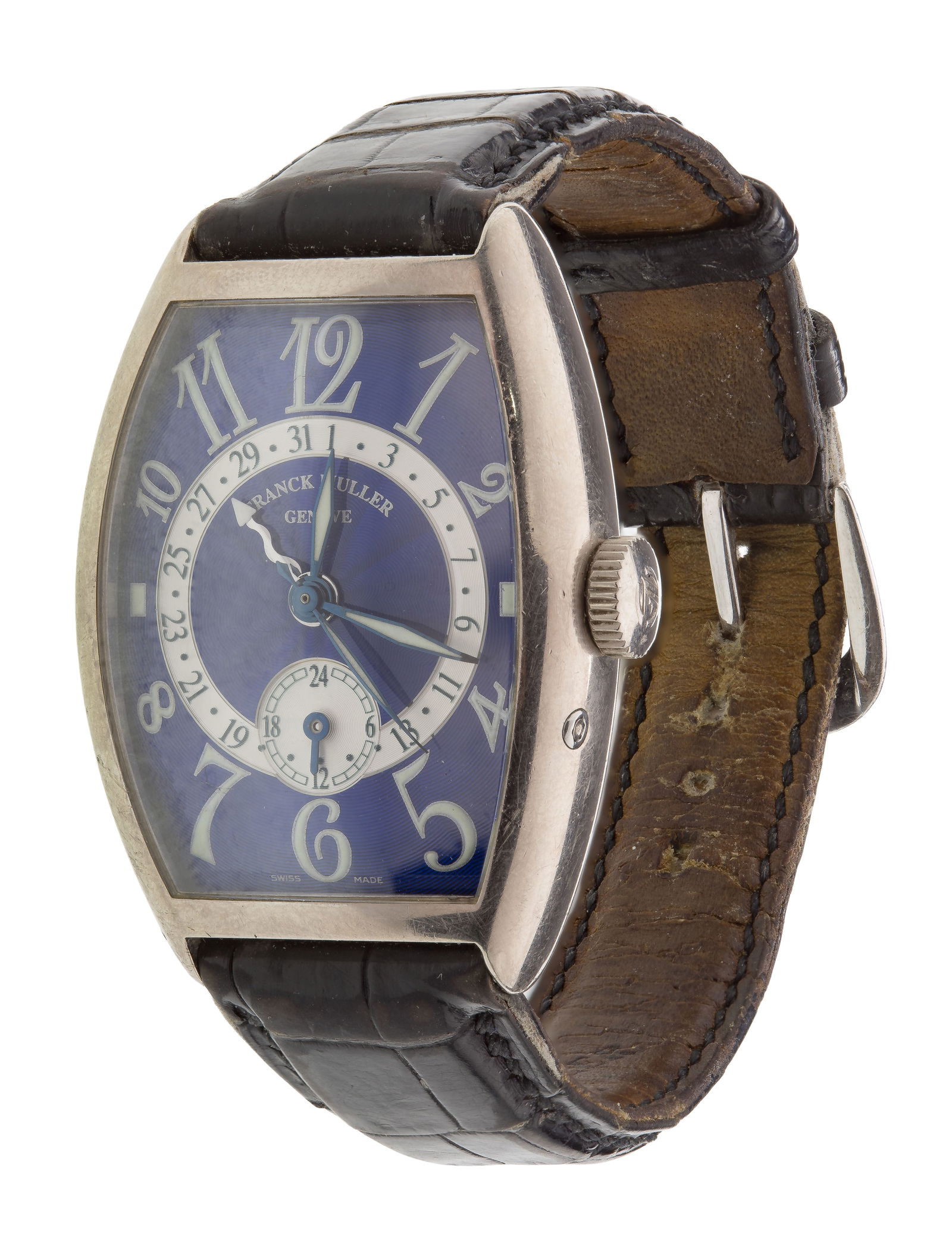Franck Muller 18k Gold Case and Clasp Wristwatch: Franck Muller 18k Gold Case and Clasp Wristwatch #74, serial #5850 Q 24, manual wind, sunburst guilloche engraved blue dial, luminous Arabic numerals, seconds sub-dial at 6, steel dagger hands with lu