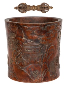 Himalayan Gilt Bronze Vajra and Chinese Carved Wood Brush Pot