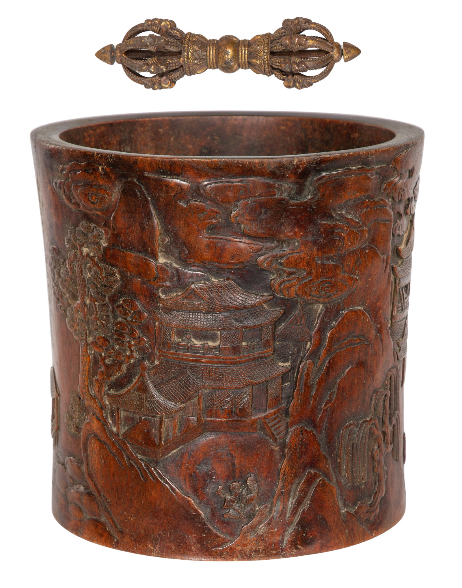 Himalayan Gilt Bronze Vajra and Chinese Carved Wood Brush Pot (1 of 6)