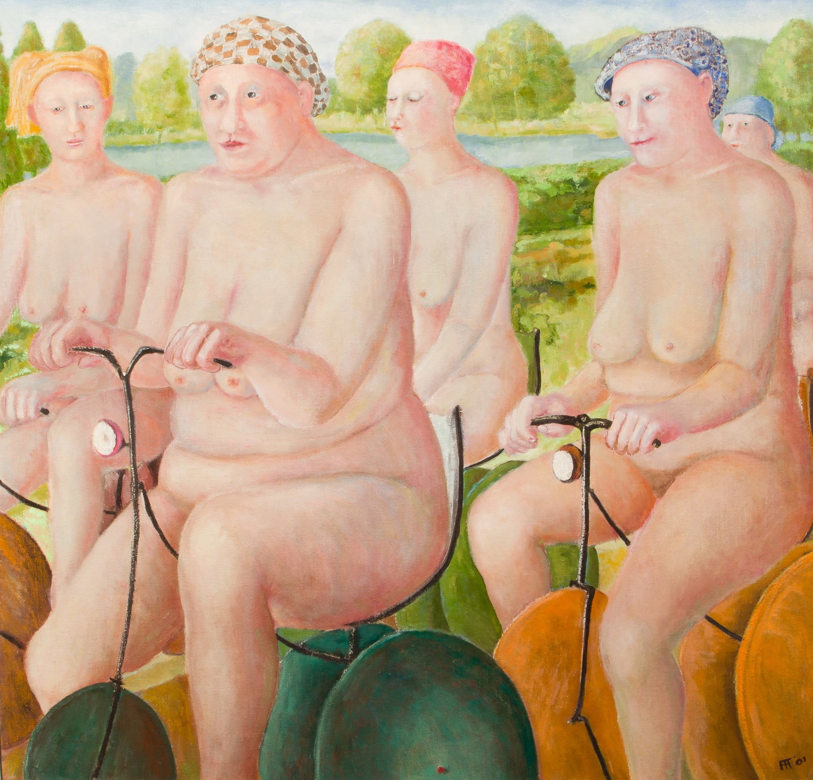 Aafke Godthelp (Dutch, 20th Century) Oil on Canvas Board: Aafke Godthelp (Dutch, 20th Century) Oil on Canvas Board 2001, signed and dated, depicting Rubenesque nudes on tricycles, having a painted wood frame Property from: an Estate, Chicago (Lake View), Chi