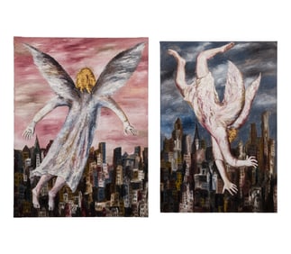 Natalia Nesterova (Russian, b.1944) 'Flying Up to the City' Oils on Canvas Diptych