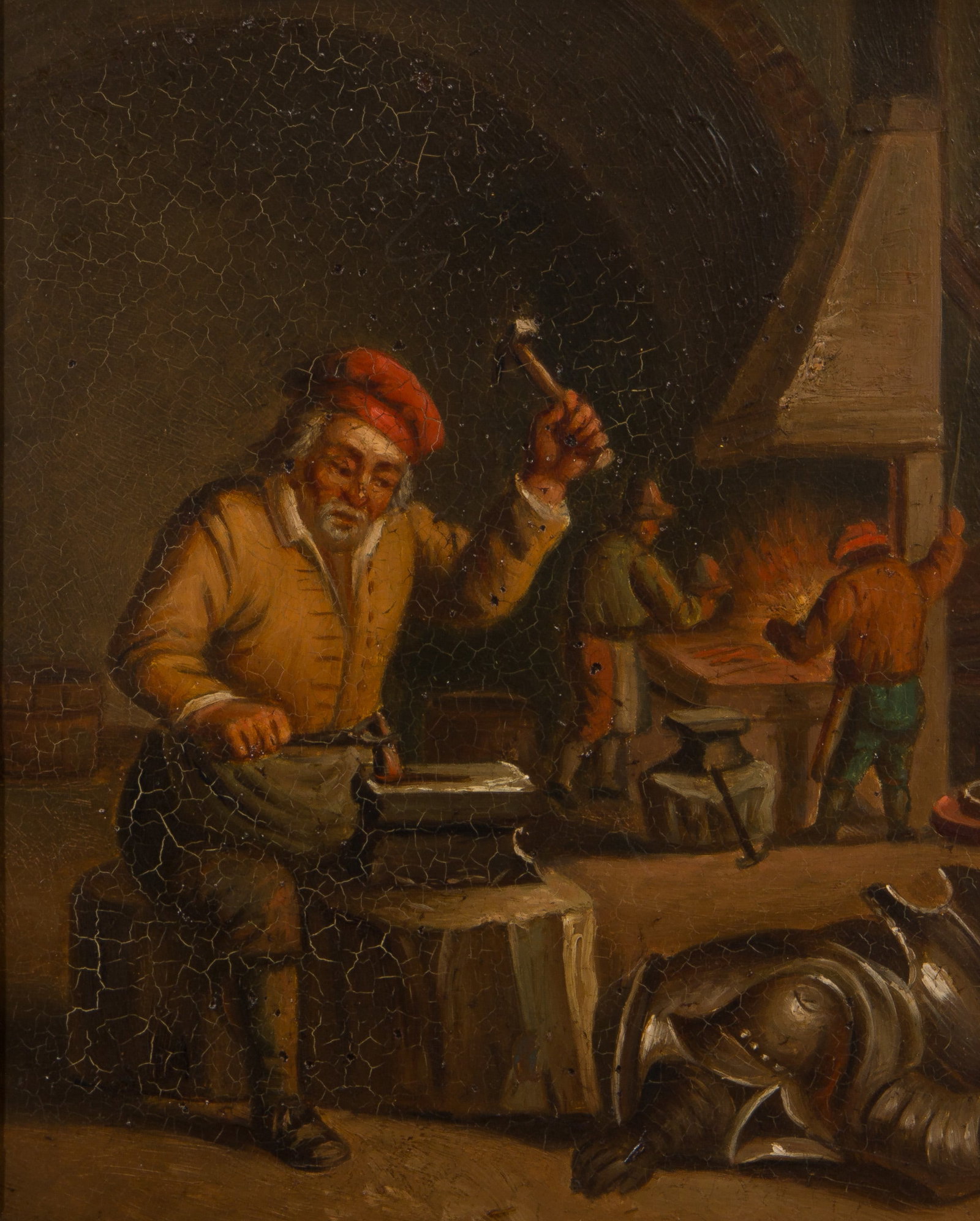 After Adriaen van Ostade (Dutch, 1610-1685) Oil on Metal Sheet: After Adriaen van Ostade (Dutch, 1610-1685) Oil on Metal Sheet Undated and unsigned, depicting a blacksmith workshop, in a gold-tone gesso on carved wood frame Property from: a Private Collector, Wauk