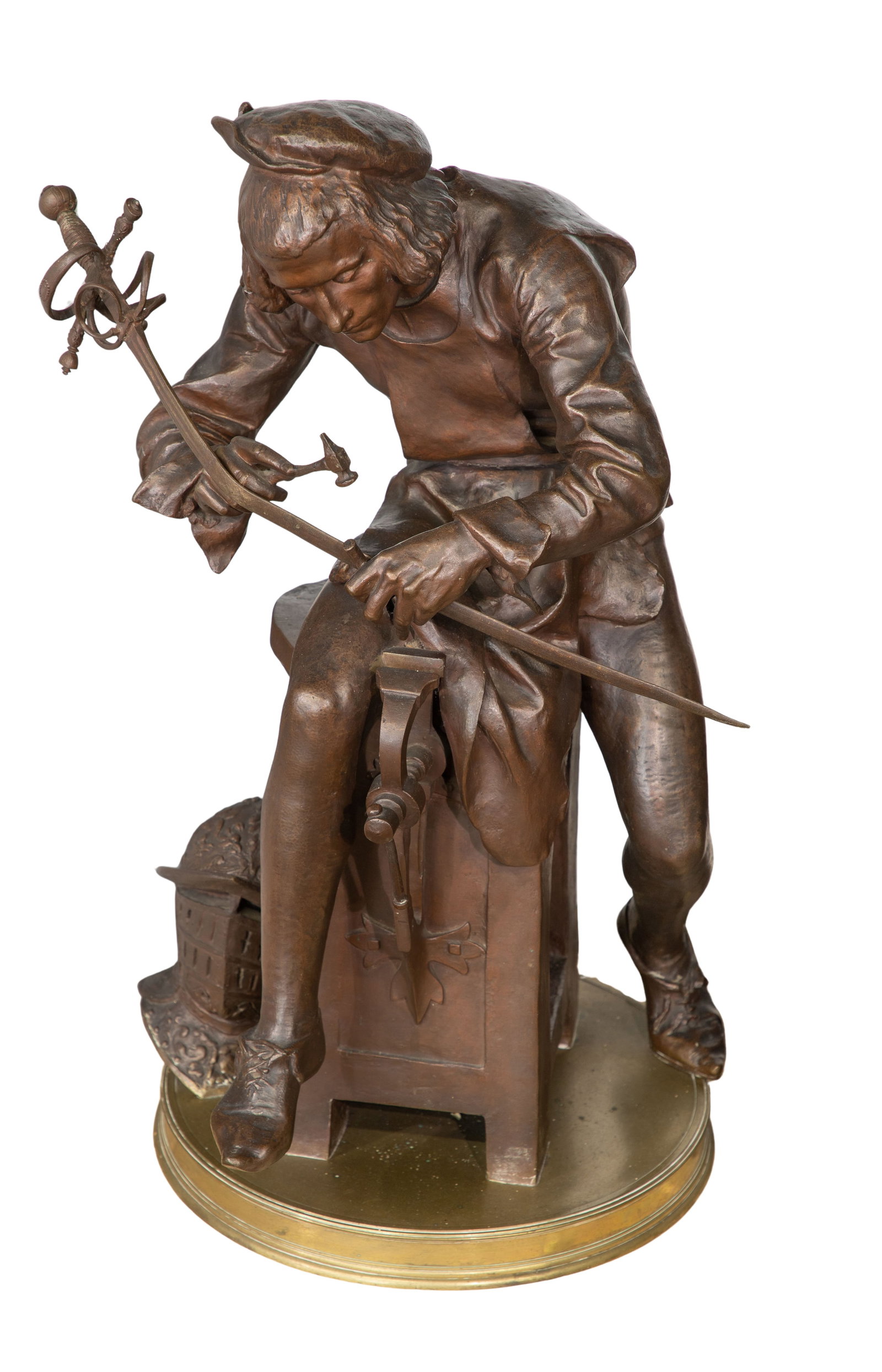 Adrien Etienne Gaudez (France, 1845-1902) Bronze Sculpture: Adrien Etienne Gaudez (France, 1845-1902) Bronze Sculpture Undated, incised signature on base, depicting a metalsmith re-working a bent sword, mounted a brass base Property from: a Private Collector,