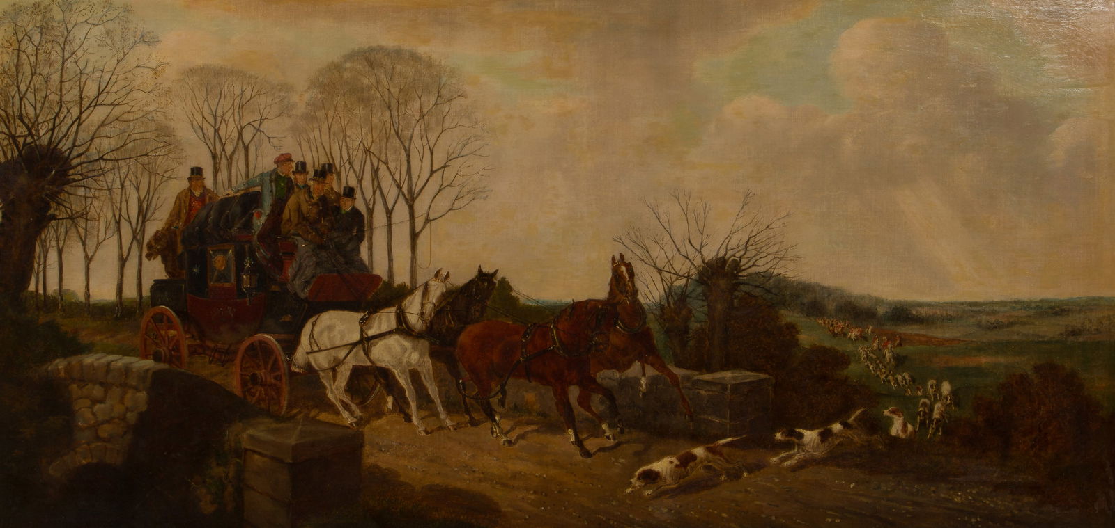 Manner of Henry Thomas Alken (British, 1785-1851) Oil on Canvas: Manner of Henry Thomas Alken (British, 1785-1851) Oil on Canvas Undated and unsigned depiction of a coach full of gentlemen being delayed by the crossing of hounds at the lead of a hunting party, in a