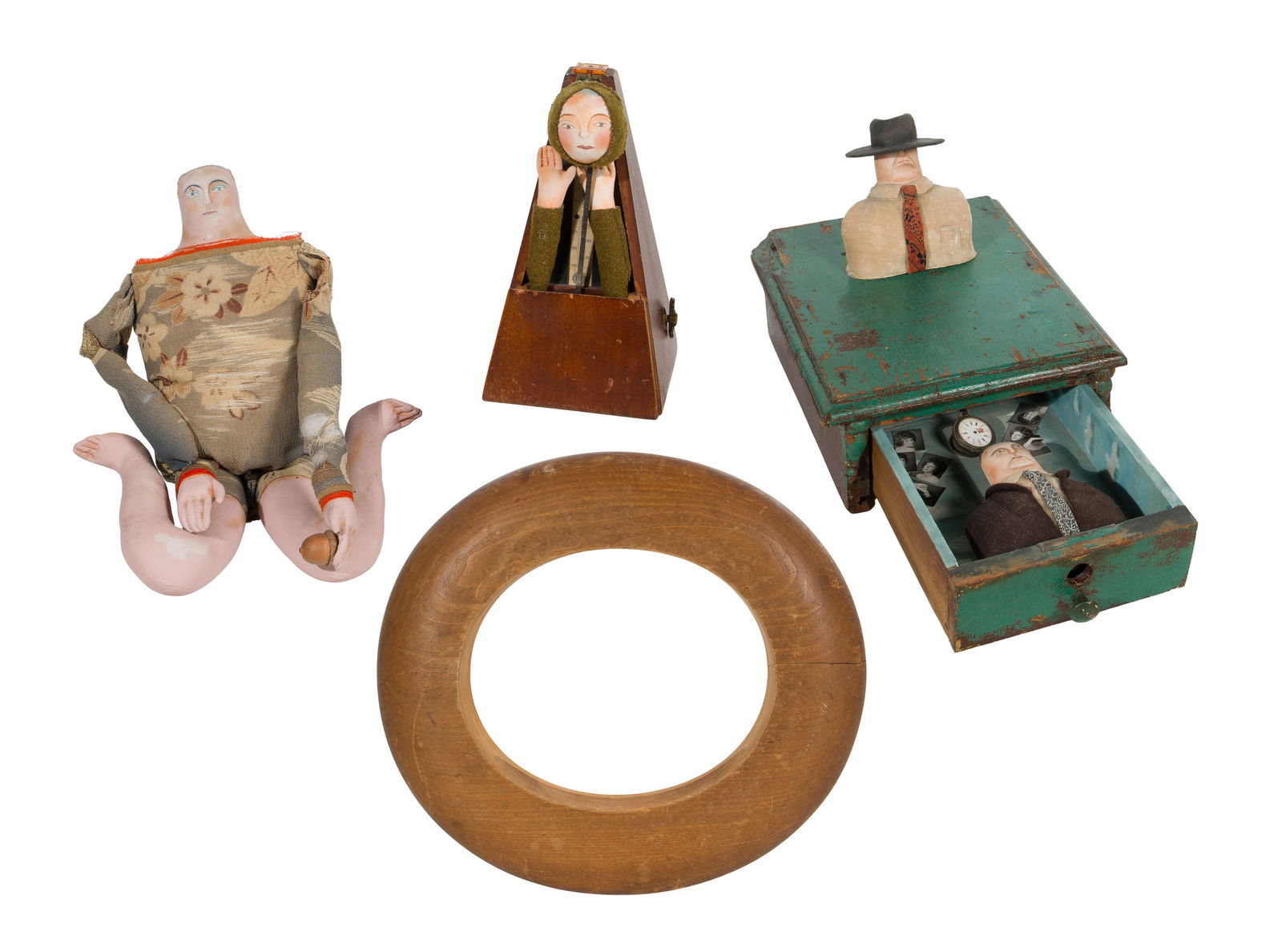 Unknown Artist (20th Century) Mixed Media Sculpture Assortment: Unknown Artist (20th Century) Mixed Media Sculpture Assortment (4) items using up-cycled items and hand painted fabric heads, dated 1992, (2) having illegible signatures Property from: an Estate, Chic