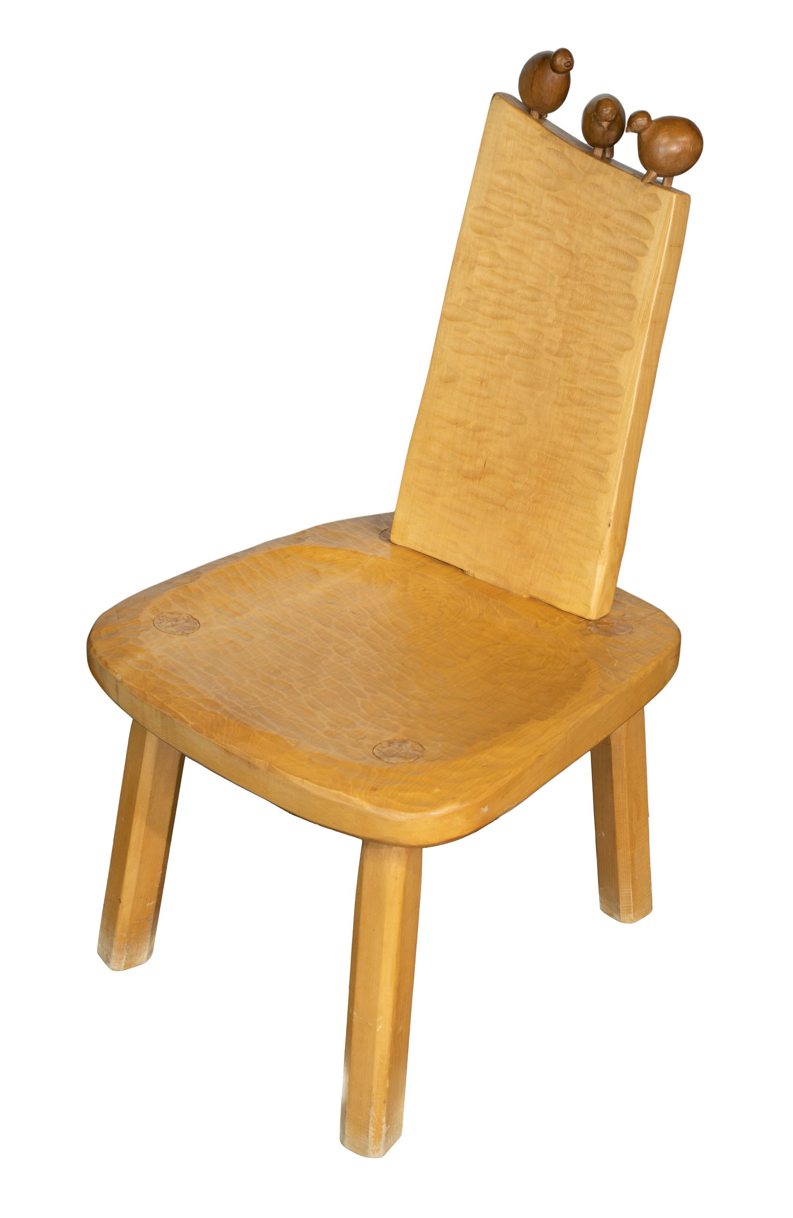 Jerzy Kenar (American, 20th Century) Carved Wood Chair: Jerzy Kenar (American, 20th Century) Carved Wood Chair Having carved textured details and three bird ornaments perched on chair back Property from: an Estate, Chicago (Lake View), Chicago, Illinois He