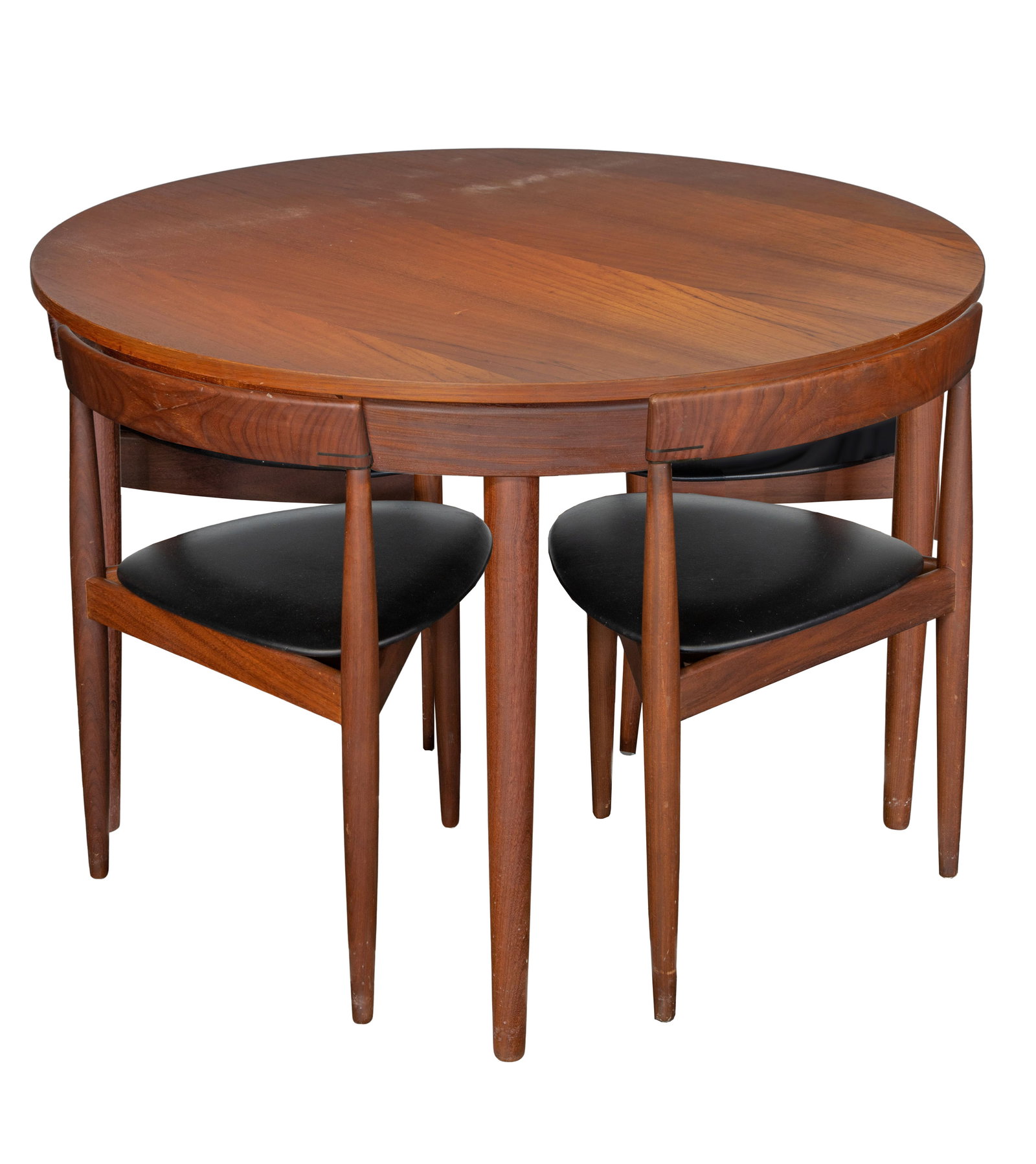 Hans Olsen for Frem Rojle Teak Table: Hans Olsen for Frem Rojle Teak Table Circular table and a set of (4) four nesting chairs having black vinyl triangular seats (chairs 28.5 x 19.5 x 16.5-inch, 17-inches seat height) Property from: a Pr