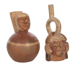 Pre-Columbian Peruvian Moche Style Painted Pottery Bottles