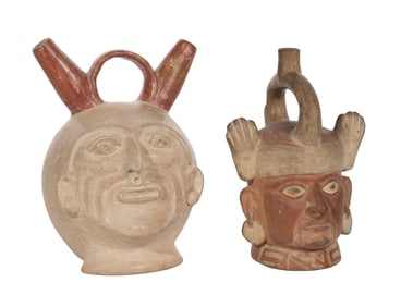 Pre-Columbian Peruvian Moche Style Painted Pottery Stirrup Bottles