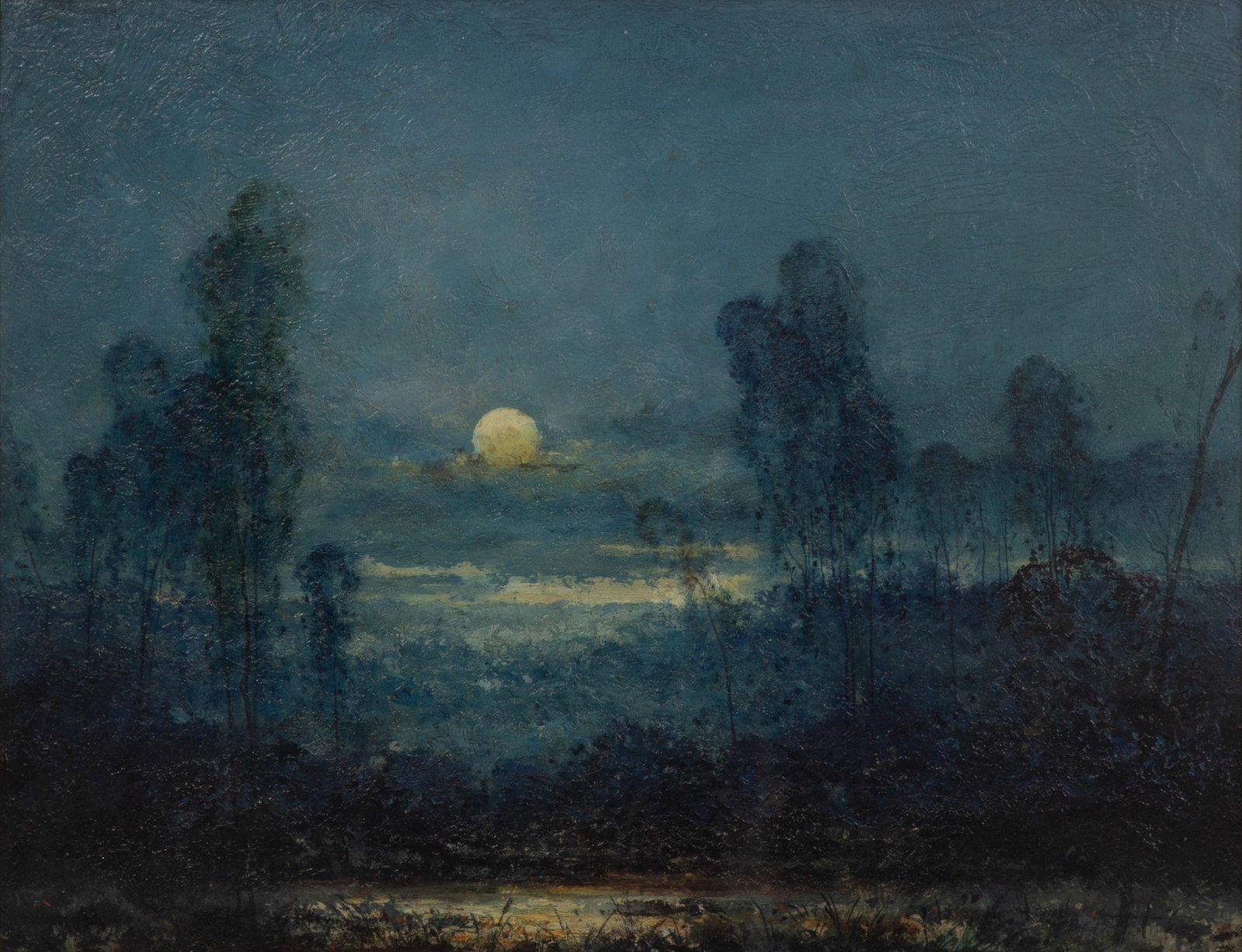 Felix Russman (American, 1888-1962) Oil on Hardboard: Felix Russman (American, 1888-1962) Oil on Hardboard Undated, indistinctly signed, ink signed 'Felix' on a partial label verso, depicting a moonlit landscape, behind glass in a bronze-tone gesso on ca