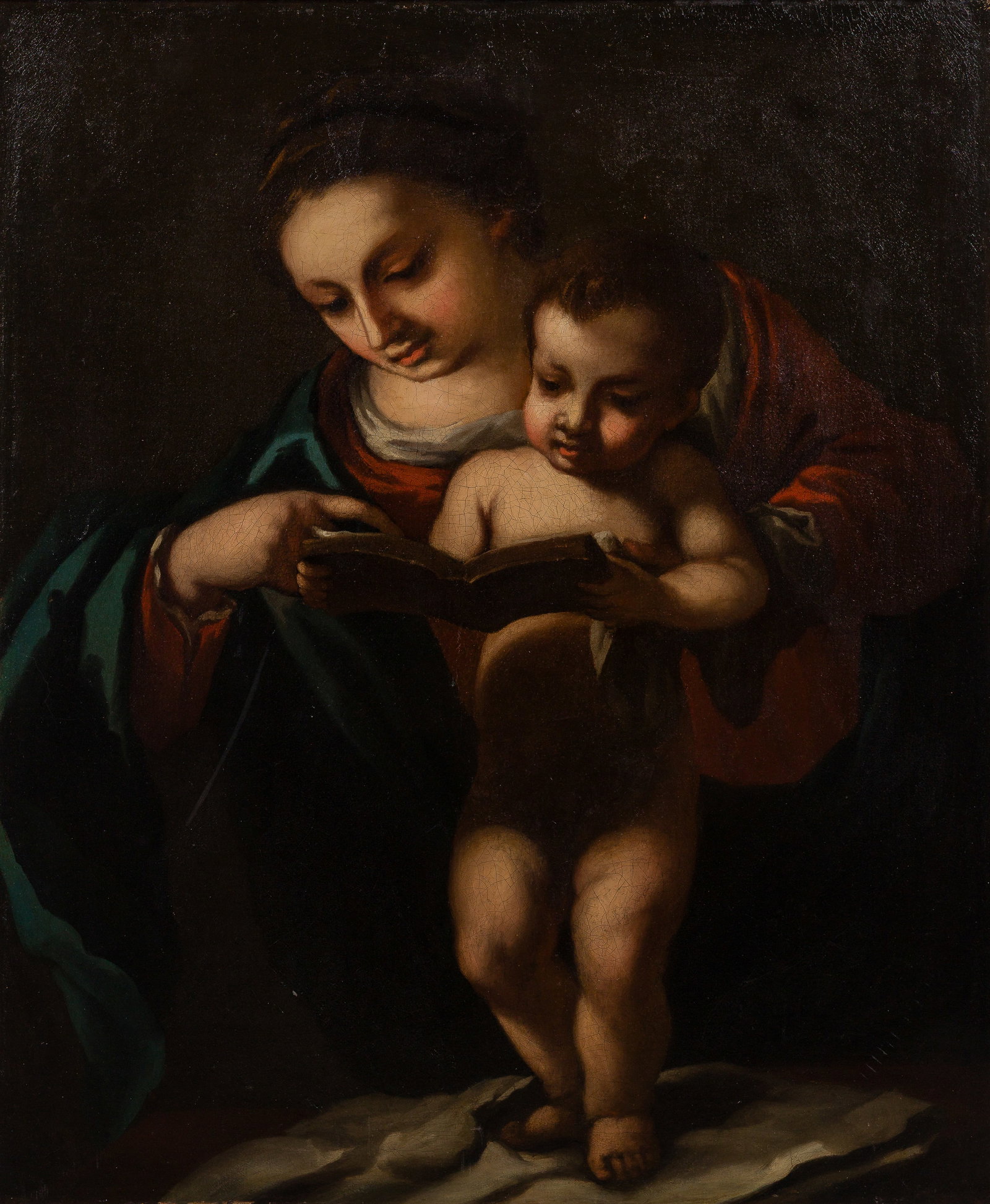 After Guercino (Italian, 1591-1666) Oil on Canvas: After Guercino (Italian, 1591–1666) Oil on Canvas Undated, unsigned depiction of 'Mary Teaching the Christ Child to Read' in gold-tone wood frame Property from: an Estate, Park Ridge Illinois Height