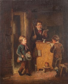 Mark William Langlois (British, 1848-1924) 'Late for School' Oil on Canvas on Hardboard