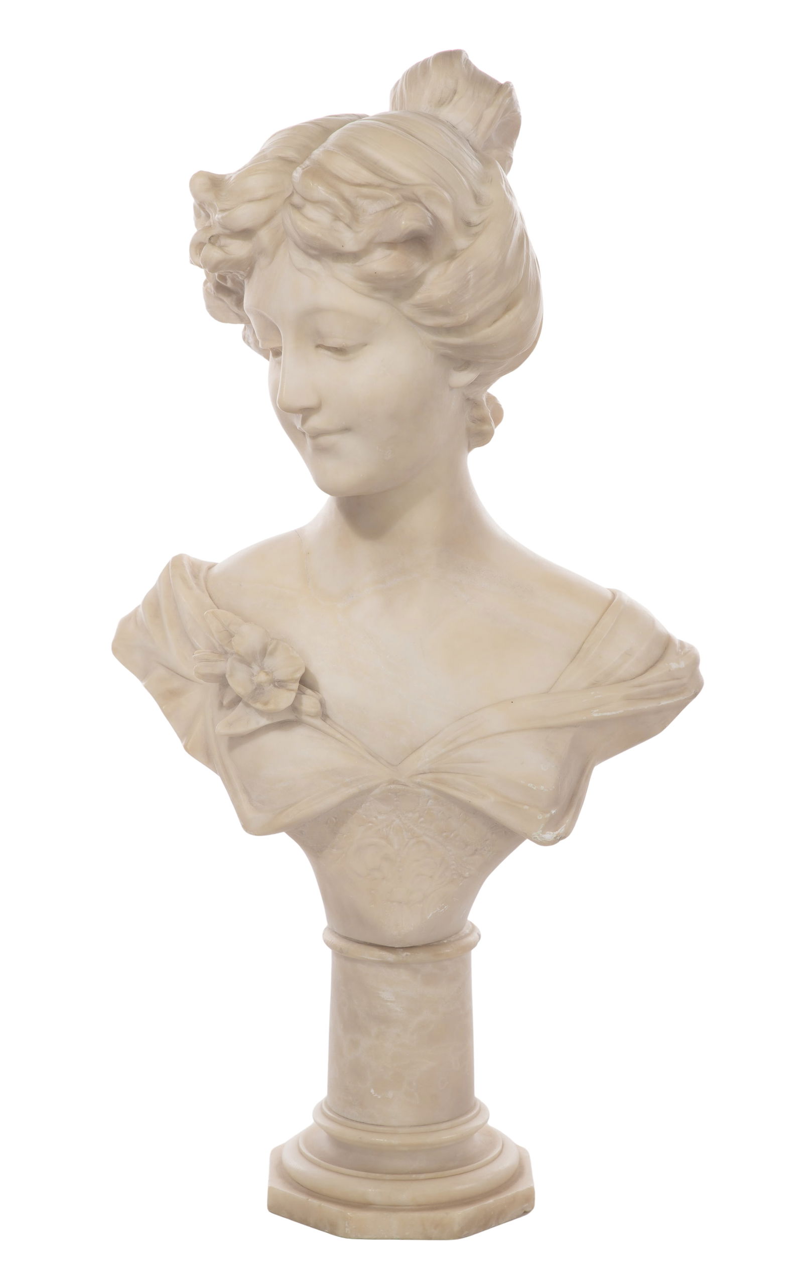 Art Nouveau Alabaster Bust: Art Nouveau Alabaster Bust Undated, indistinctly signed on back, having separately carved and applied hair bun and a separate pedestal base joined by a steel rod Property from: a Private Collector, Ch