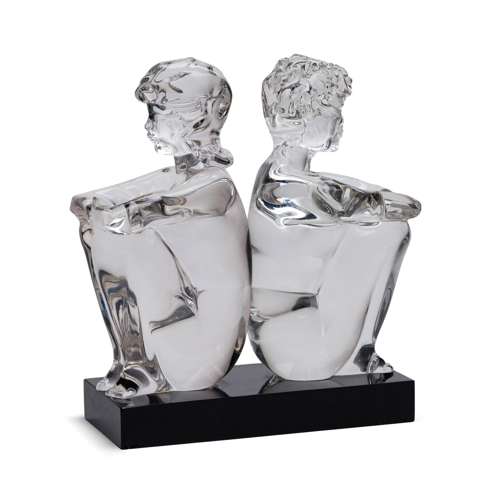 Loredano Rosin (Italian, 1936-1992) 'Seated Children' Glass Sculpture: Loredano Rosin (Italian, 1936-1992) 'Seated Children' Glass Sculpture Undated, etch signed, depicting a young girl and boy seated back to back, on a rectangular black glass plinth Property from: an Es