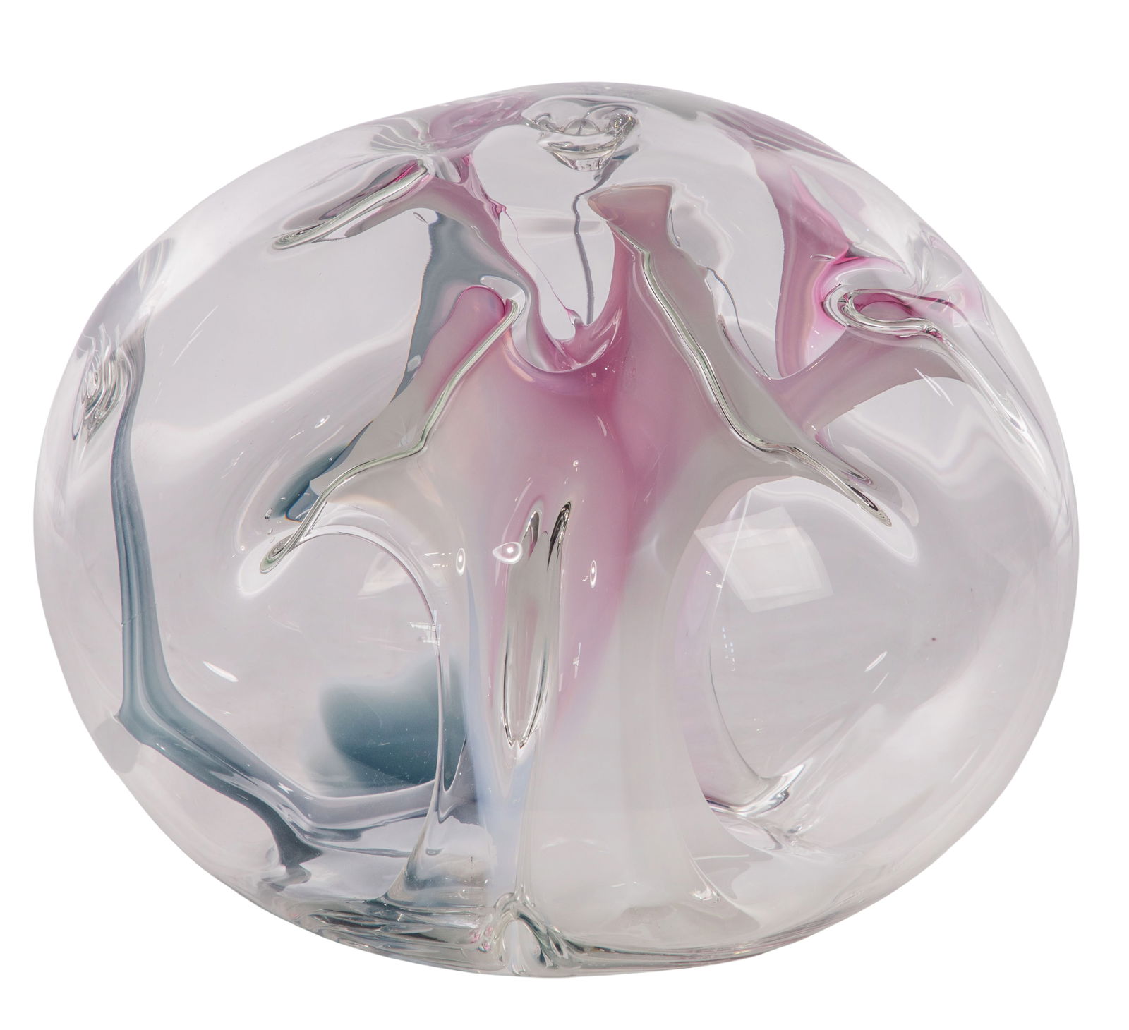 Peter Bramhall (American, b.1942) Art Glass Sculpture: Peter Bramhall (American, b.1942) Art Glass Sculpture 1989, signed, blown glass orb having internal glass threads of magenta, white and blue Property from: an Estate, Lincolnshire, Illinois Height: 11