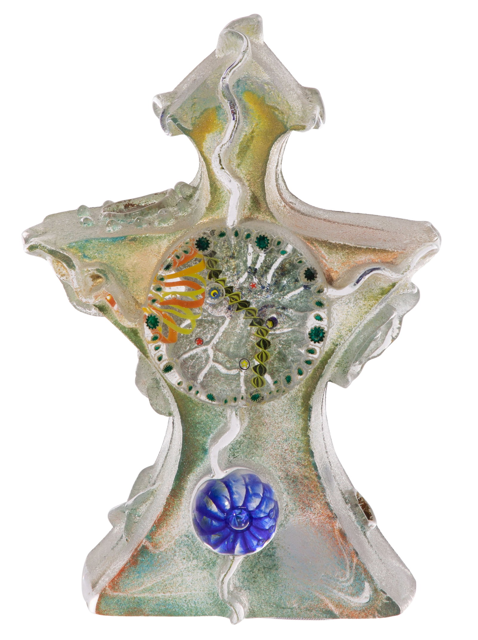 Susan Gott (American, b.1959) 'Archetype' Art Glass Sculpture: Susan Gott (American, b.1959) 'Archetype' Art Glass Sculpture Undated, engraved signature and title to back, clear glass having yellow and green iridescent tints to the textured front exterior, the in