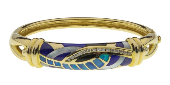 Asch Grossbardt 14k Yellow Gold, Gemstone and Diamond Hinged Bangle Bracelet