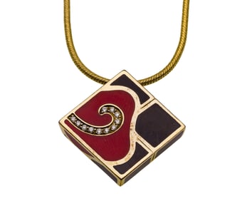 La Nouvelle Bague 18k Yellow Gold, Enamel and Diamond Pendant on Necklace