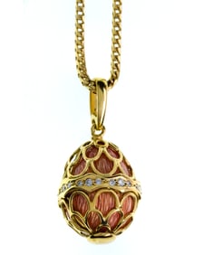 Faberge 18k Yellow Gold, Enamel and Diamond Pendant with Necklace
