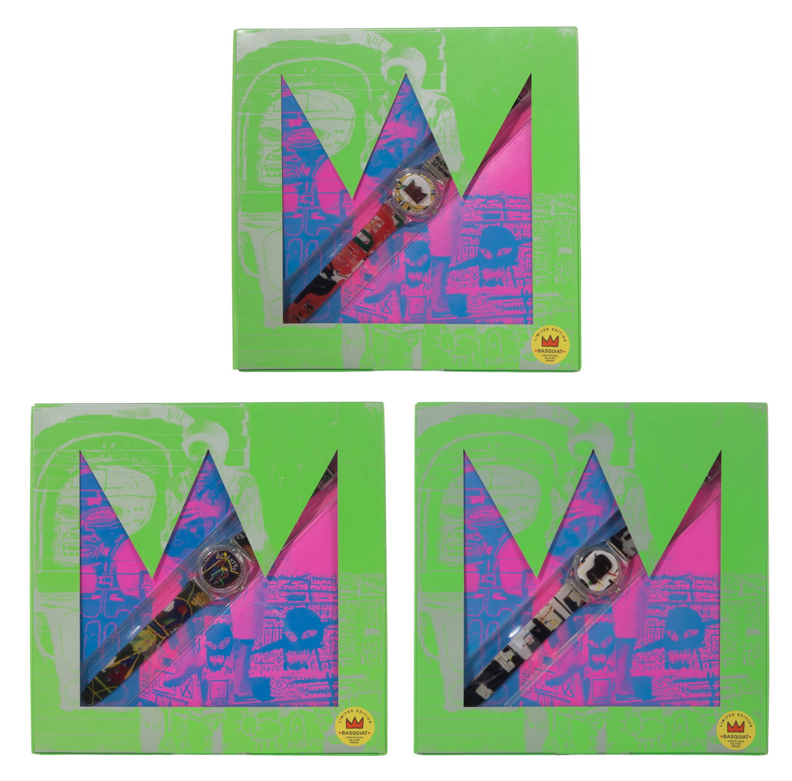 Seiko Limited Edition Wristwatch Collection After Jean-Michel Basquiat: Seiko Limited Edition Wristwatch Collection After Jean-Michel Basquiat (3) items, each having a different Basquiat artwork on the dial, strap or crystal, all in original numbered boxes and having orig