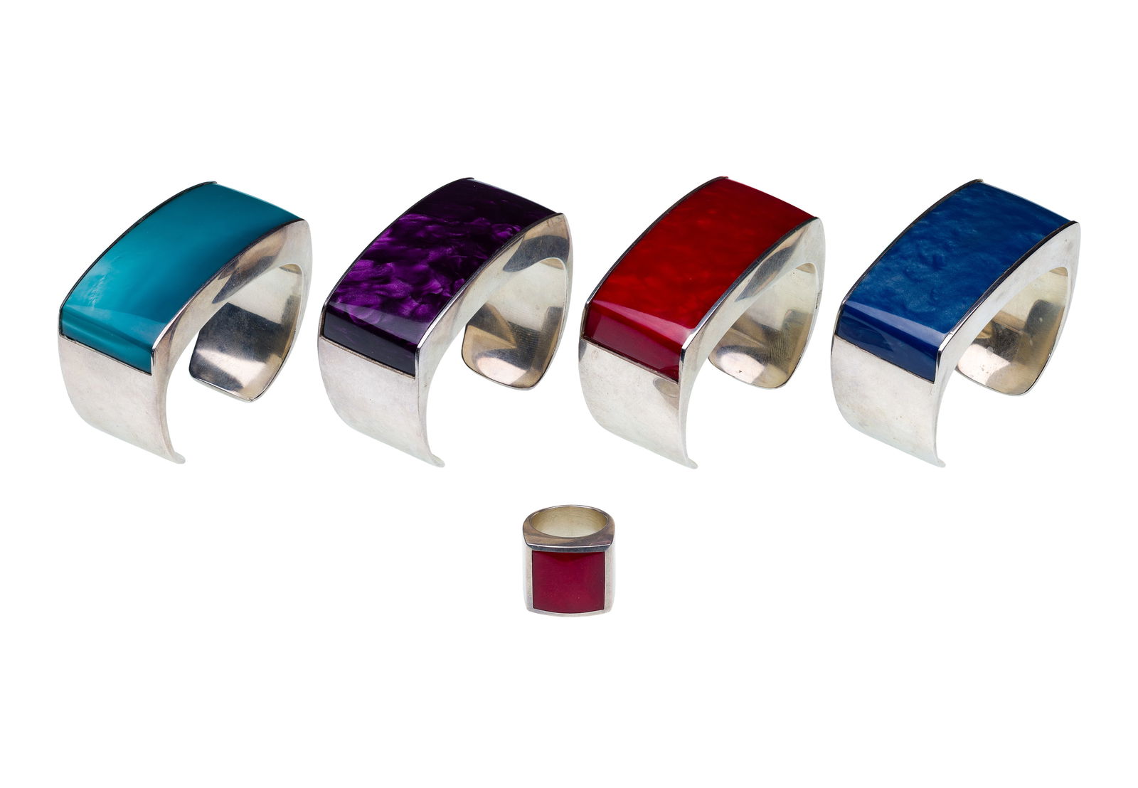 P. Jouin Sterling Silver Ring and Cuff Bracelets: P. Jouin Sterling Silver Ring and Cuff Bracelets (5) items including (4) 1-inch wide cuff bracelets each having a different color top and a matching style ring (all hallmarked and marked '925') Proper