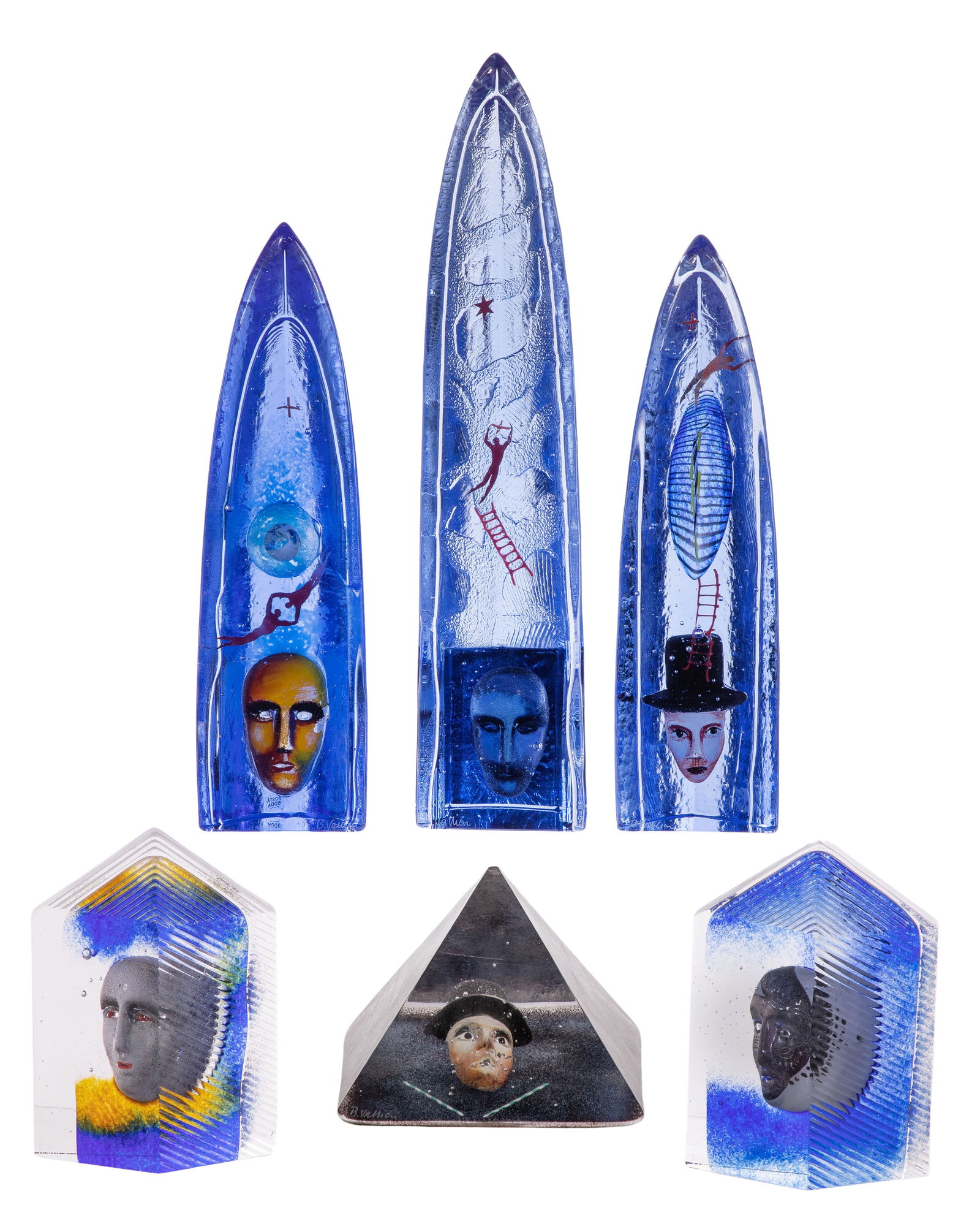 Bertil Vallien for Kosta Boda Art Glass Assortment: Bertil Vallien for Kosta Boda Art Glass Assortment (6) items in glass block, pyramid and half boat shapes, in various motifs and colors, all signed Property from: a Private Collector, Chicago (Edgewat
