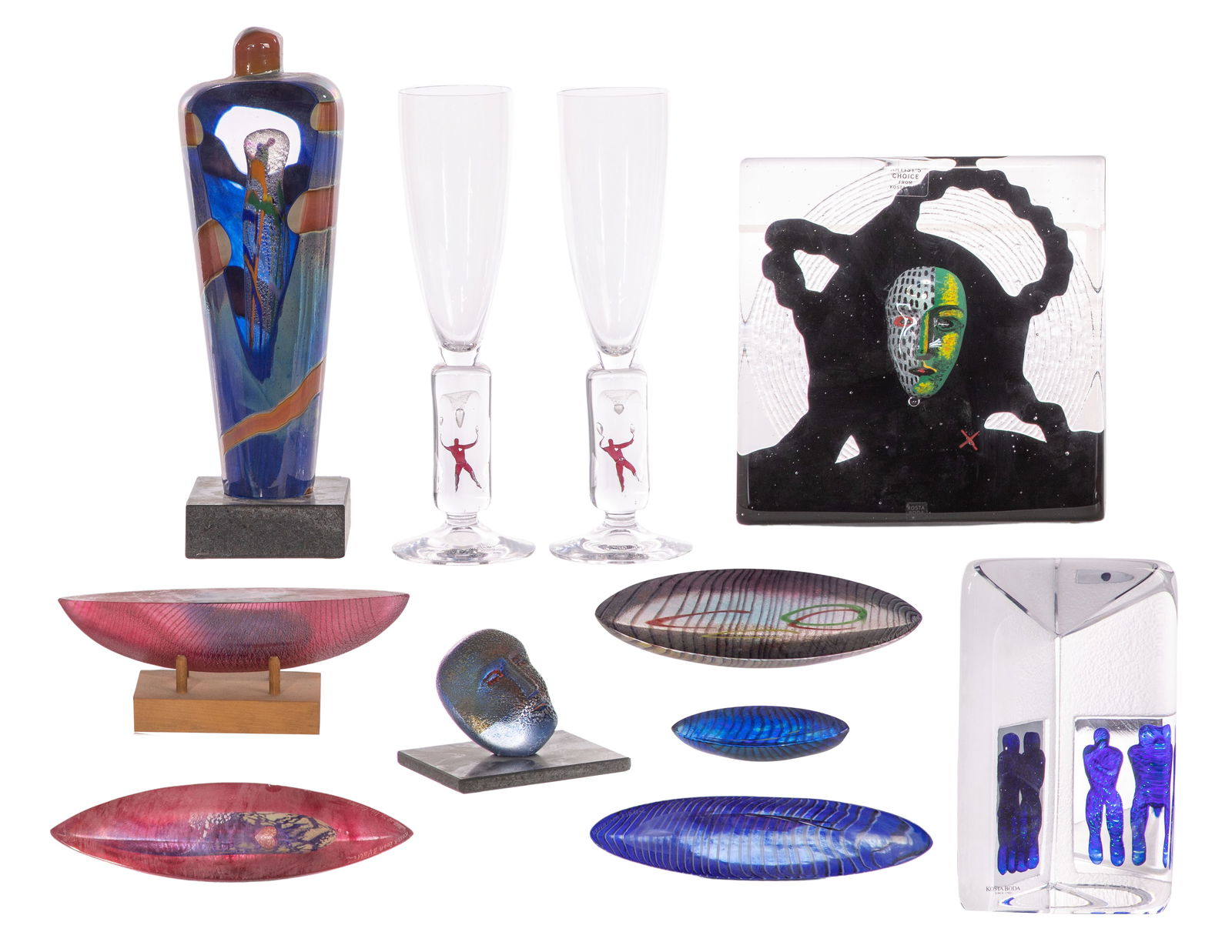 Bertil Vallien for Kosta Boda Art Glass Assortment: Bertil Vallien for Kosta Boda Art Glass Assortment (11) items including sculptures, boats, glass block (having box), glassware in various shapes, colors and designs, all signed, some having original l