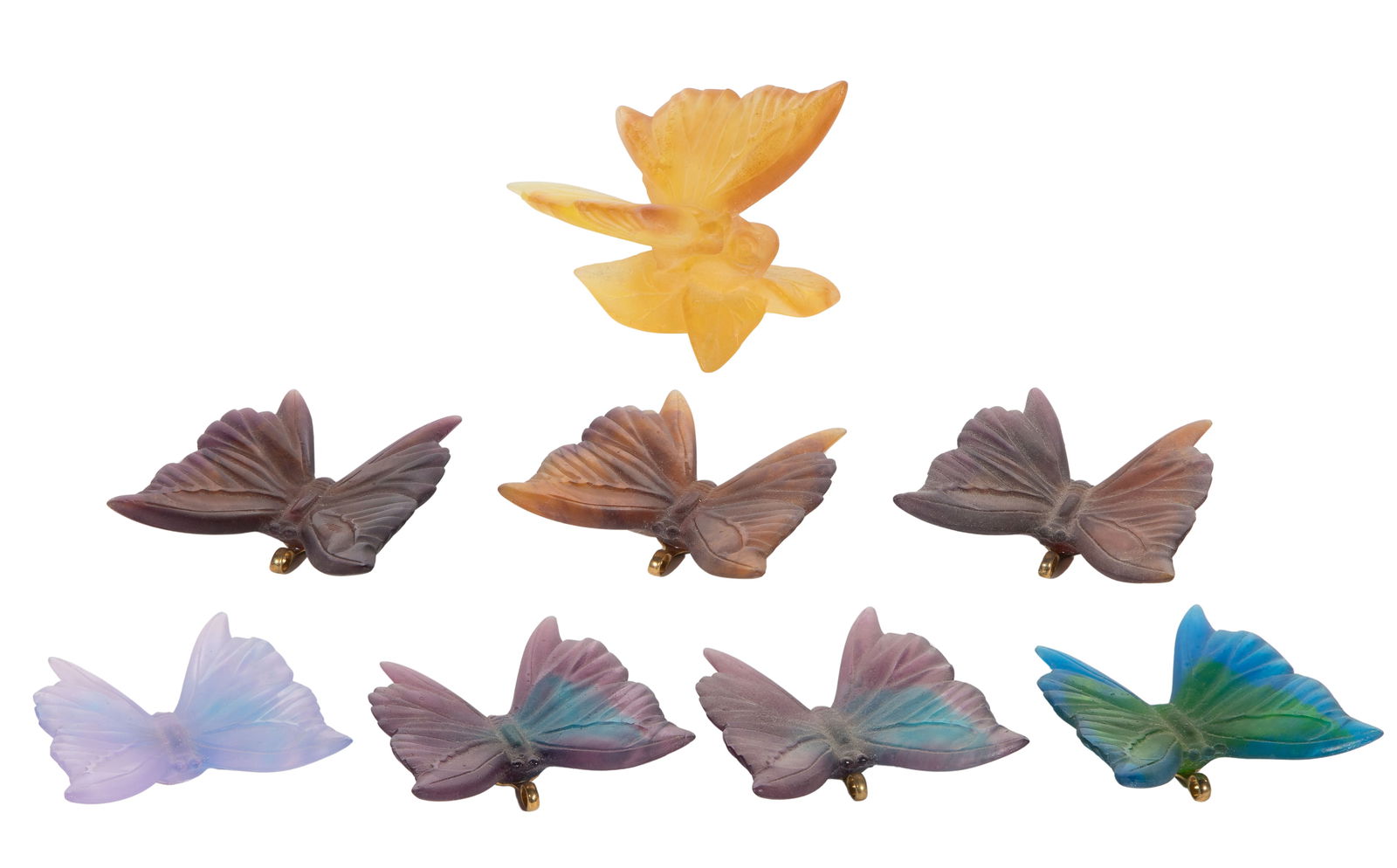 Daum Pate de Verre Butterflies: Daum Pate de Verre Butterflies (8) glass butterflies including a yellow papillon figurine and (7) papillon ornaments of various colors, all signed Property from: a Private Collector, Chicago (Edgewate