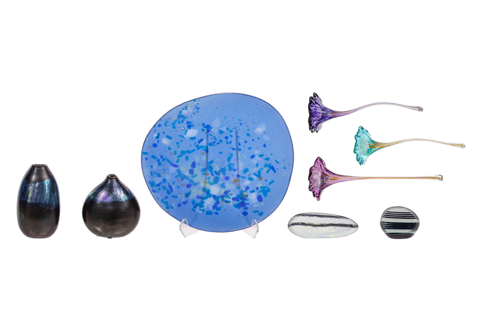 Art Glass Assortment: Art Glass Assortment (8) total items of various shapes and sizes including decorative objects and vases, some signed by 'Brian Blanthorne' and 'Norman Stuart Clarke'; together with (3) Fiore art glass