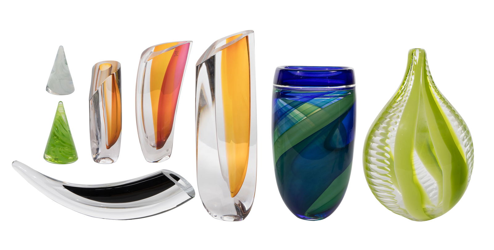 Kosta Boda Art Glass Assortment: Kosta Boda Art Glass Assortment (8) items including (4) vases by Goran Warff (Swedish, b.1933), a vase by Ann Wahlstrom (Swedish, b.1957), a vase by Anna Ehrner and (2) cones Property from: a Private