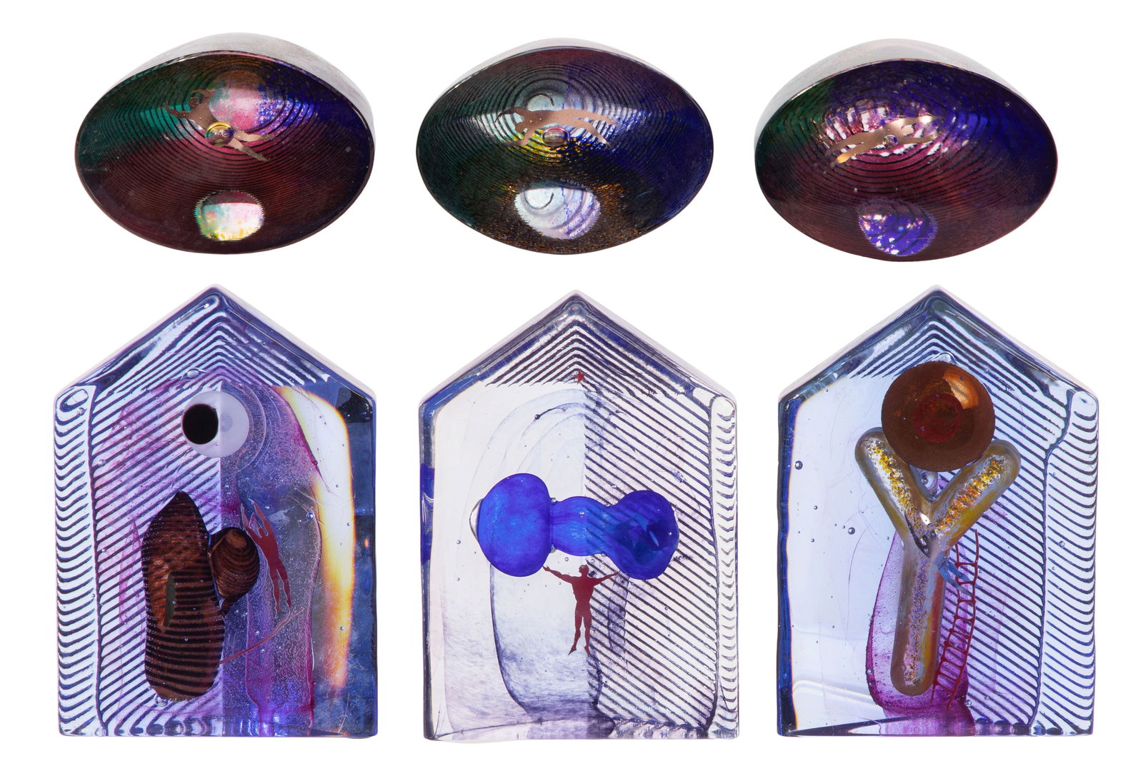 Bertil Vallien For Kosta Boda Art Glass Assortment: Bertil Vallien For Kosta Boda Art Glass Assortment (6) items including (3) sculptures in glass block and (3) paperweights, all signed Property from: a Private Collector, Chicago (Edgewater), Illinois