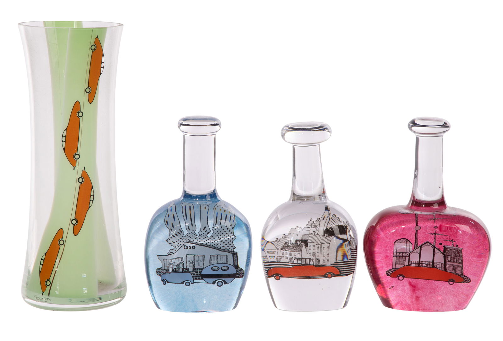 Olle Brozen for Kosta Boda Art Glass Assortment: Olle Brozen for Kosta Boda Art Glass Assortment (4) items including (3) bottle shaped paperweights depicting cars in front of buildings and a green vase having a car motif, all signed, some having ori