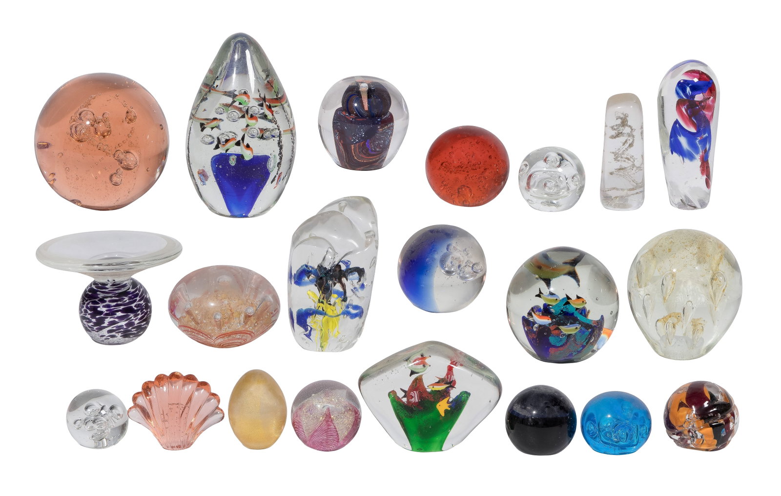Paperweight Assortment: Paperweight Assortment (21) items of various forms, colors and styles including controlled bubble and dichroic Property from: a Private Collector, Chicago (Edgewater), Illinois Height: 7 inches, Diame