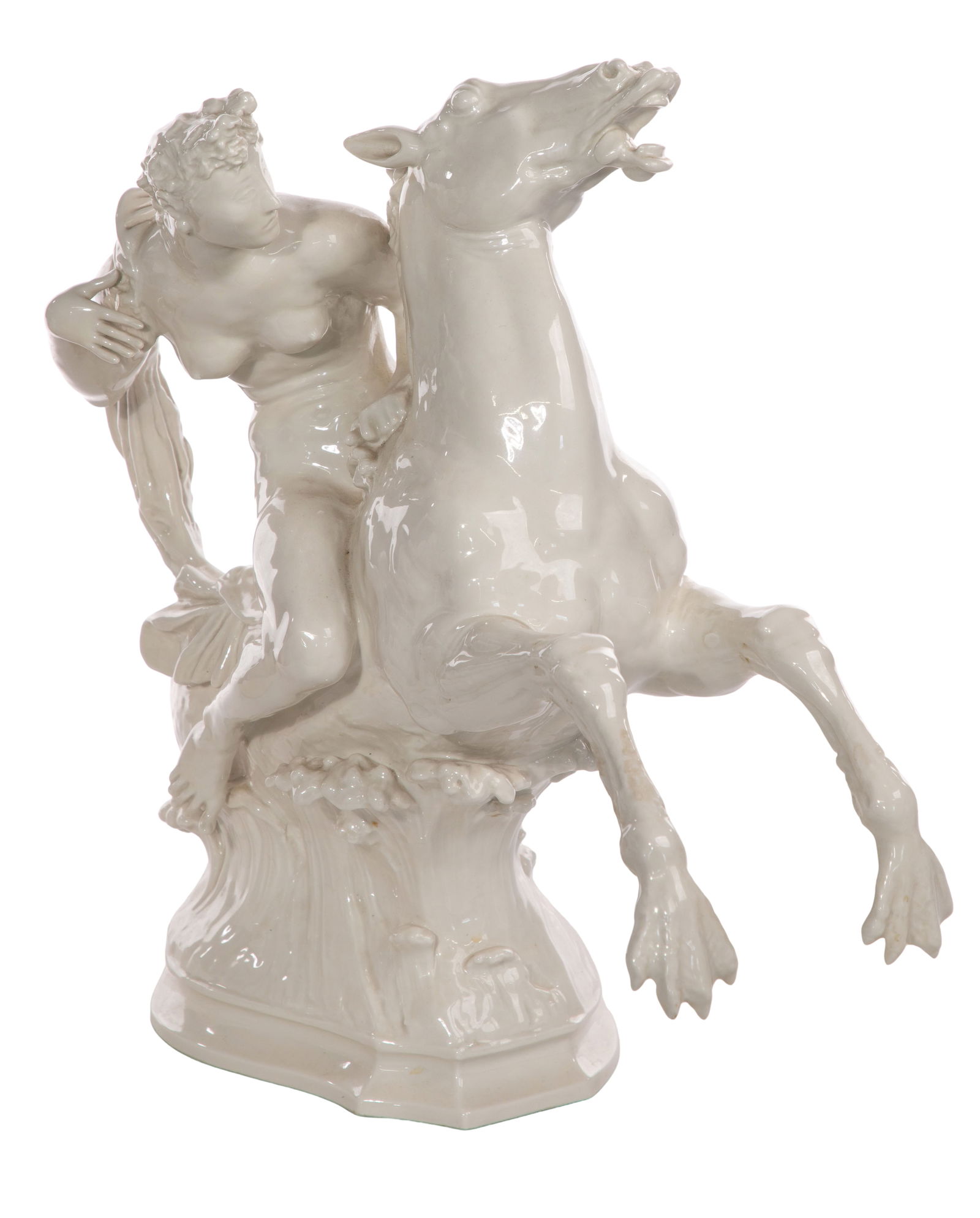 Paul Scheurich (American, 1883-1945) for K.P.M. 'Nereid on a Hippocampus' Porcelain Figurine: Paul Scheurich (American, 1883-1945) for K.P.M. 'Nereid on a Hippocampus' Porcelain Figurine 1939 blanc de chine table garniture showing the backward looking nymph astride the rearing mythical beast,