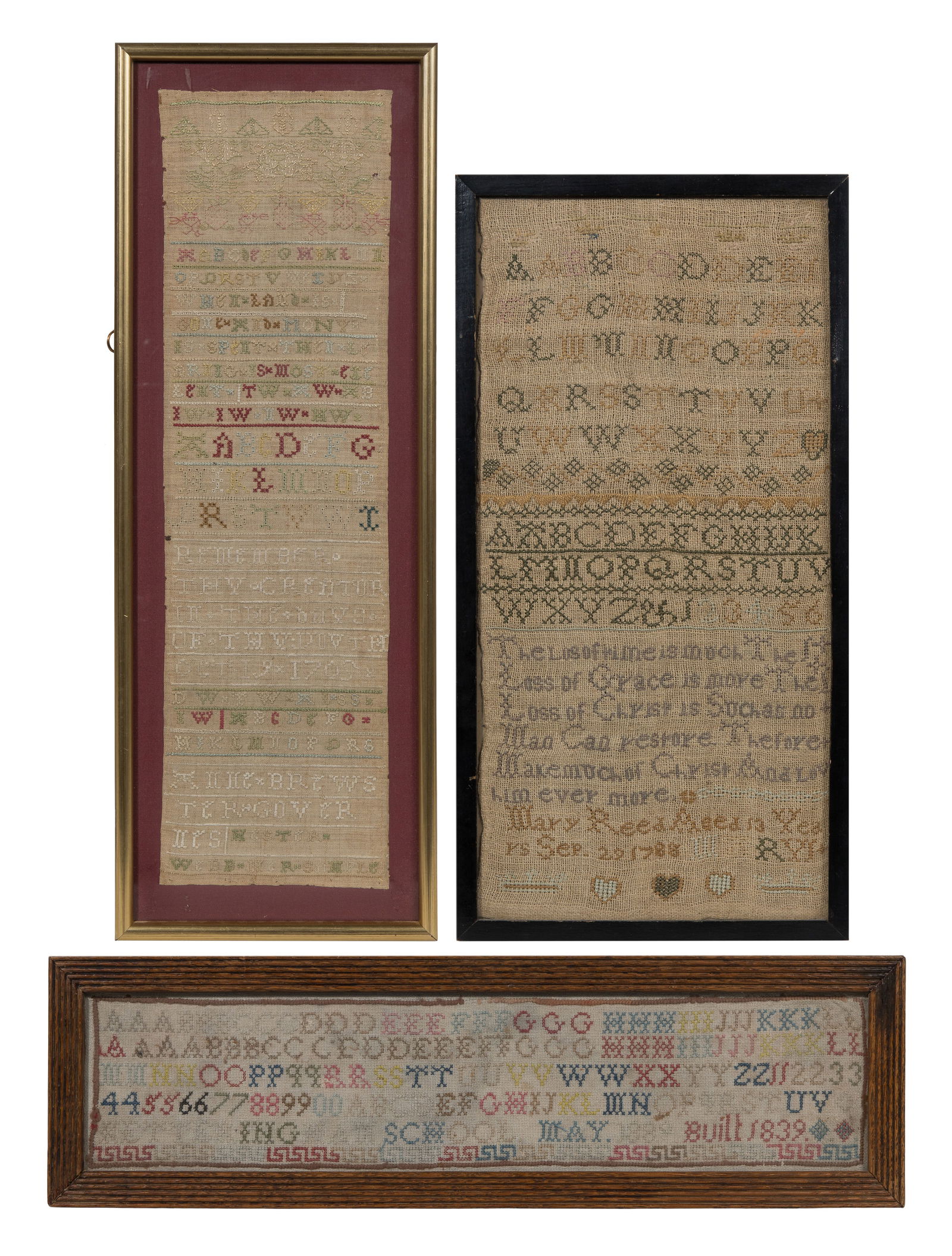 18th and 19th Century Embroidery Samplers: 18th and 19th Century Embroidery Samplers (3) items including a dated 'Oct. 19 1705' work by Hester Webb crediting 'Anne Brewster Governess', float mounted on backing, a work by 'Mary Reed Aged 13 Yea