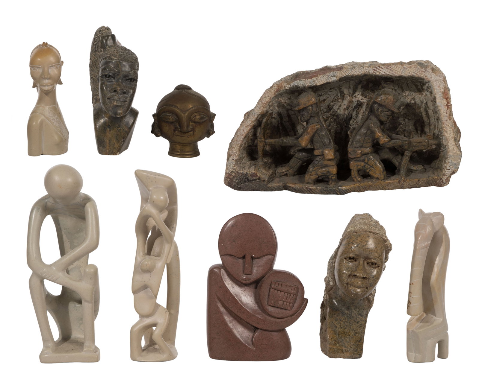 African Style Stone Sculpture Assortment: African Style Stone Sculpture Assortment (9) items of various shapes, sizes, stones and colors, most in the Shona hand carved style Property from: a Private Collector, Chicago (Edgewater), Illinois He