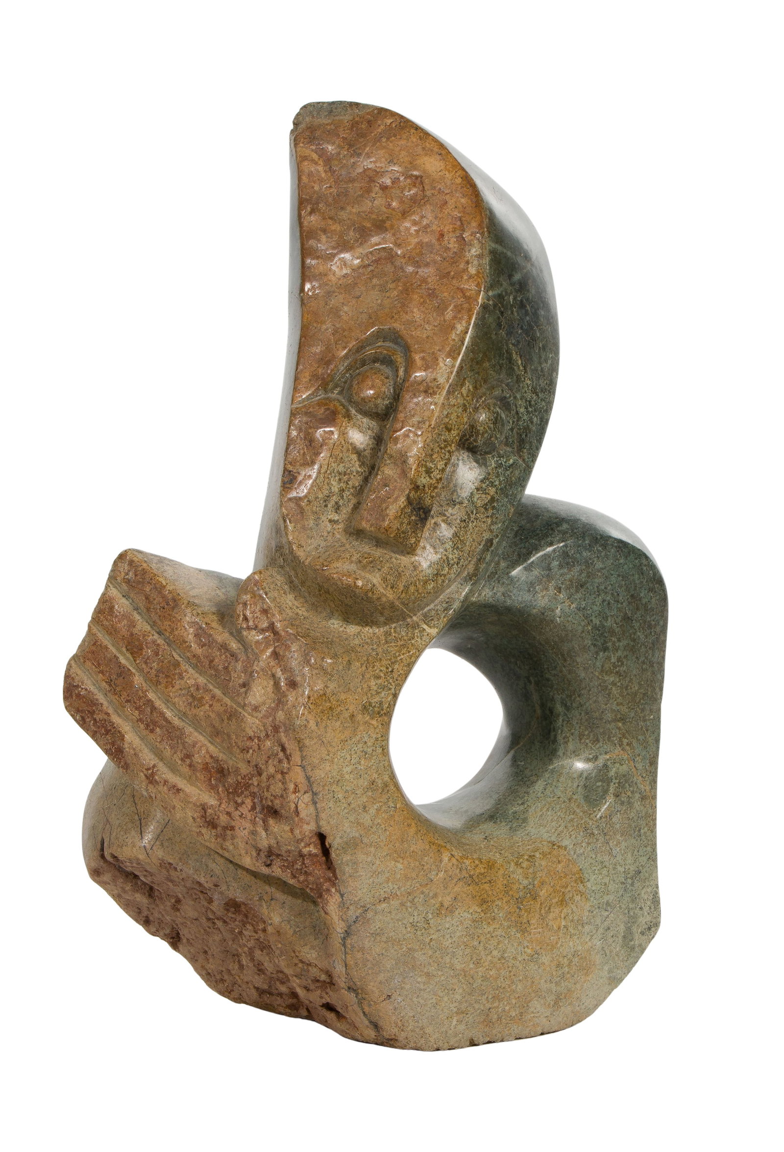 African Shona Carved Stone Sculpture: African Shona Carved Stone Sculpture Depicting a figure resting his chin on his hand, indistinctly scratch signed on back Property from: an Estate, Chicago (Edgewater), Illinois Height: 14 inches, Wid