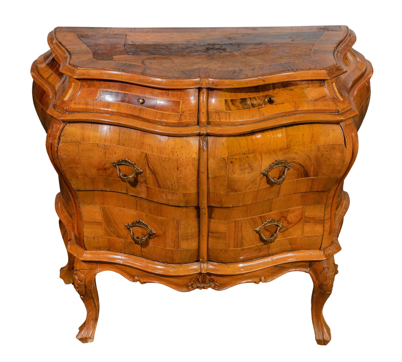 Walnut Bombe Chest: Walnut Bombe Chest Having six half drawers, inlaid top Property from: an Estate, Chicago (Lake View), Chicago, Illinois Height: 27 inches, Width: 32 inches, Depth: 15 3/8 inches Condition: chips, smal