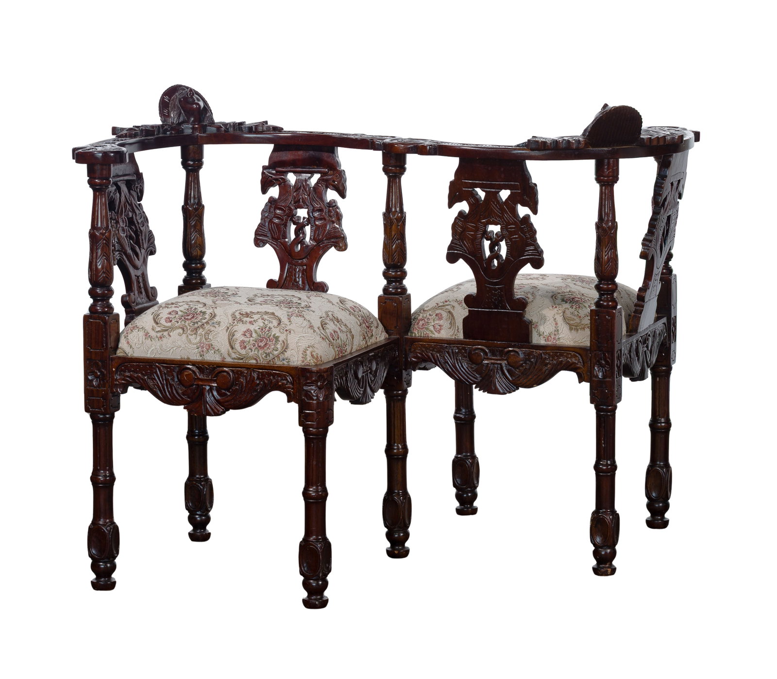 French Style Tete-a-Tete Seating: French Style Tete-a-Tete Seating Hand carved wood double seating having figural, flora and fauna motifs, openwork designs to back splats, upholstered seats Property from: a Private Collector, Romeovil