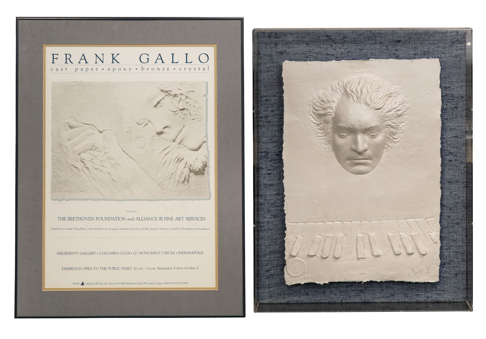 Frank Gallo (American, 1933-2019) Cast Paper Relief: Frank Gallo (American, 1933-2019) Cast Paper Relief (2) total items including an undated cast paper relief, pencil signed, #29/200 bottom center, 'The Beethoven Foundation 1985' embossed mark lower le