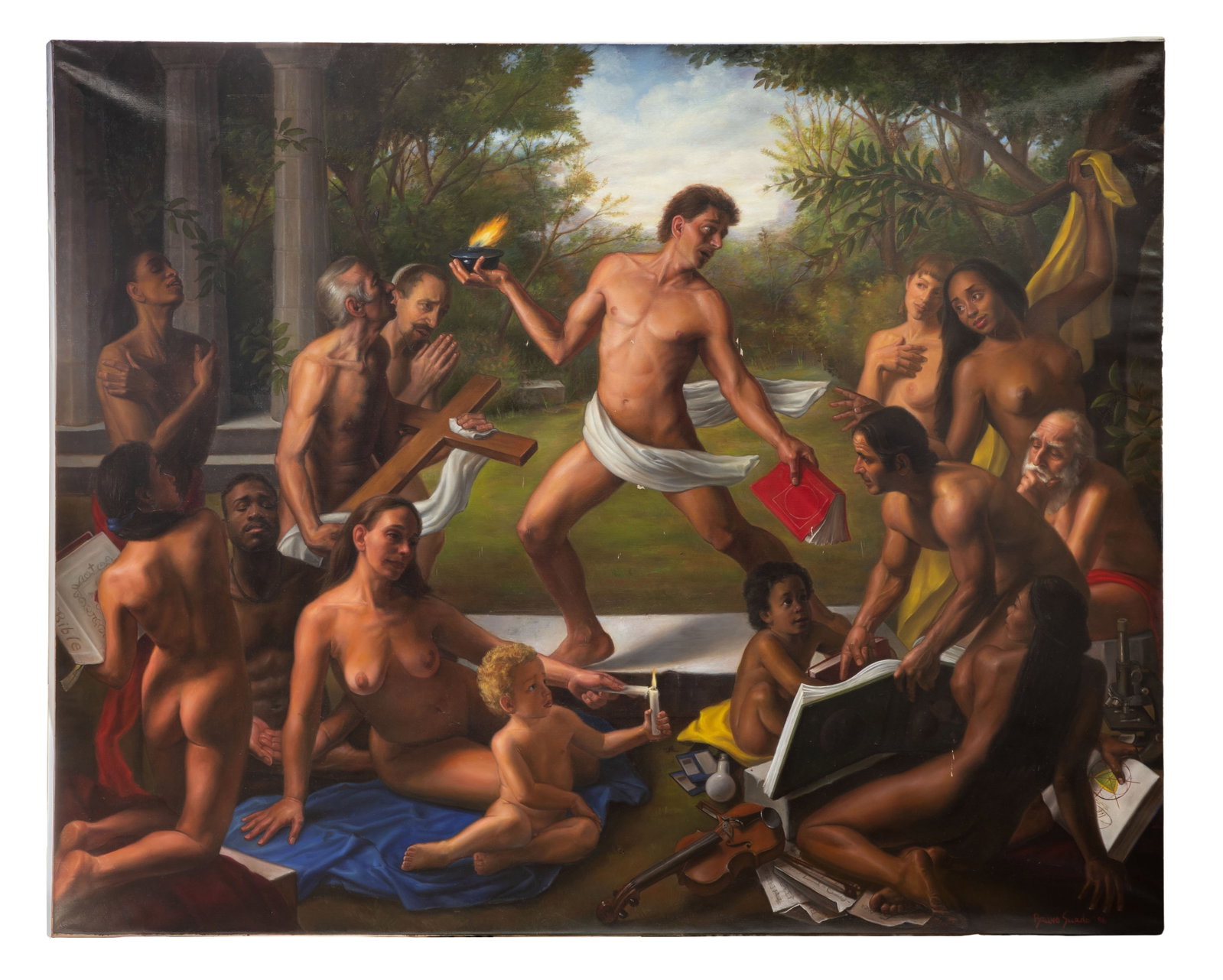 Bruno Surdo (American, b.1963) Oil on Canvas: Bruno Surdo (American, b.1963) Oil on Canvas 1996, signed lower right, dated and signed on reverse of stretcher, allegorical depiction of a minimally clad central figure carrying a lamp and book havin