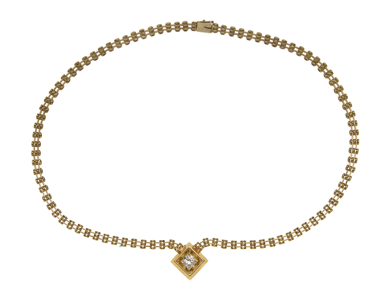 14k Yellow Gold and Diamond Pendant Necklace: 14k Yellow Gold and Diamond Pendant Necklace Attached square pendant set with a round brilliant cut diamond weighing approximately 1.00 carat (6.38 x 6.40 x 3.95mm), J color, I-1 clarity, strong fluor